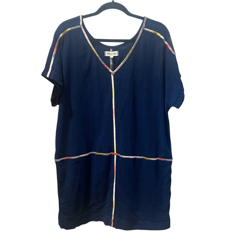 Madewell Navy Gauzy Cotton Isadora Mini Dress Multicolor Trim Accents‎ Large